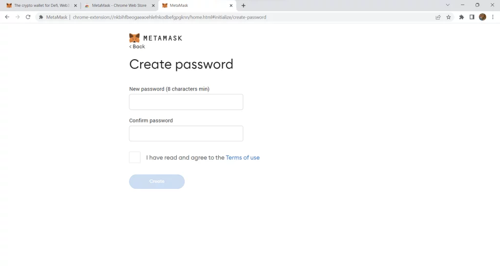 6. Create a password for your account, tick Terms of use box,  and click on the "Create" button.