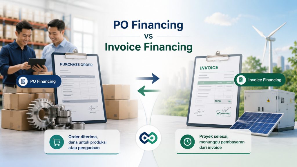 Ilustrasi perbedaan PO Financing dan Invoice Financing dalam pendanaan usaha